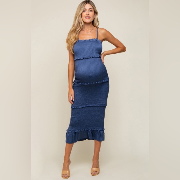 Pinkblush smocked bodycon tiered ruffle trim midi dress nwot - Picture 1 of 6